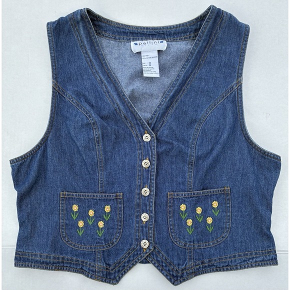Pellini Blues Jackets & Blazers - Pellini Blues Flower Embroidered Vest Womens Size 12 Blue Sleeveless Rustic